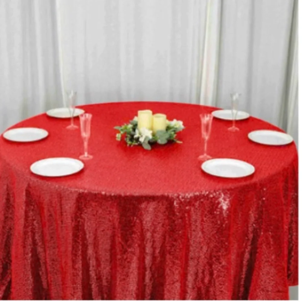 Elegant Red Sequin 120” Round Tablecloth Seamless Glittering‎ Table Cover
